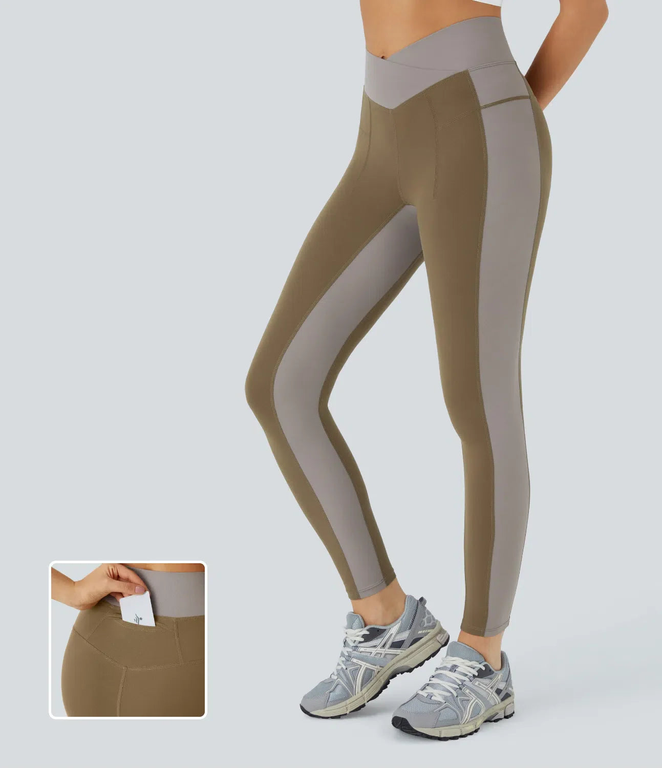 Softlyzero Mid Rise Crossover Color Block Back Waistband Pocket 7/8 Yoga Leggings-UPF50+