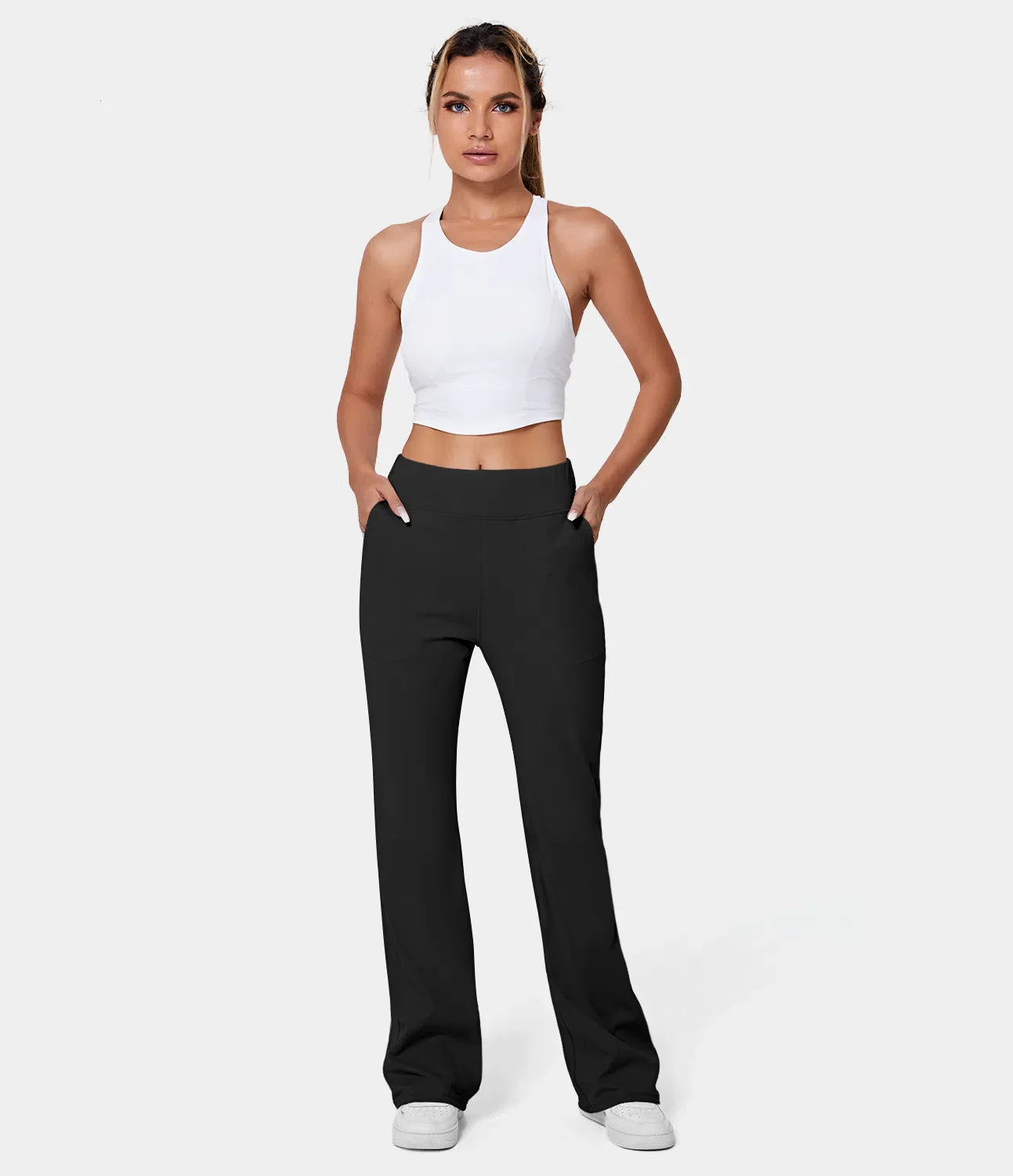 High Waisted Side Pocket Plain Flare Leggings