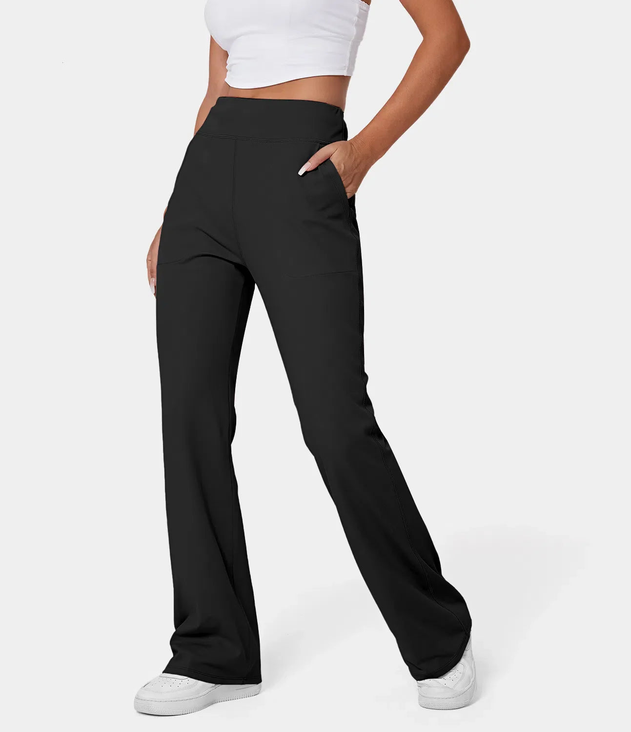 High Waisted Side Pocket Plain Flare Leggings