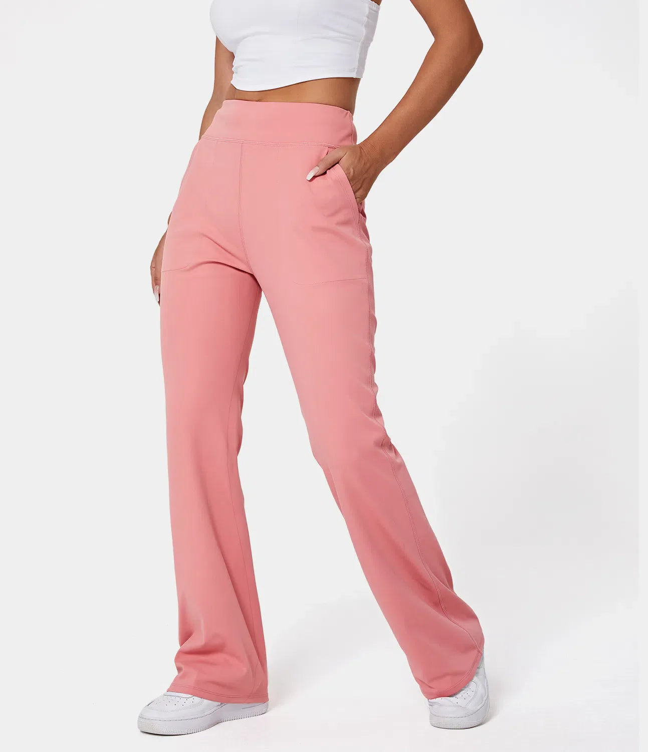 High Waisted Side Pocket Plain Flare Leggings