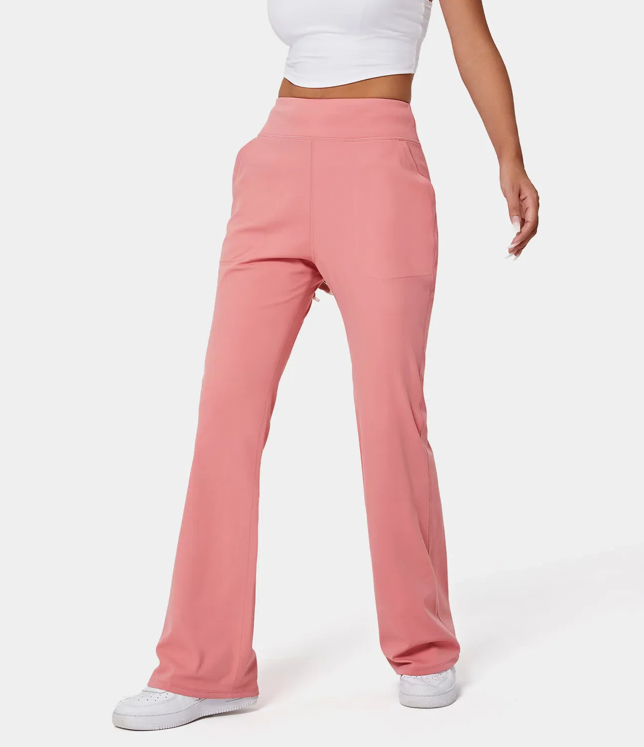 High Waisted Side Pocket Plain Flare Leggings