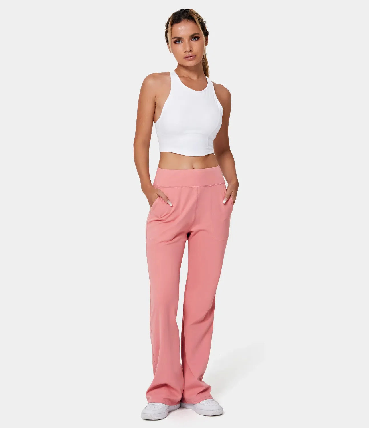 High Waisted Side Pocket Plain Flare Leggings