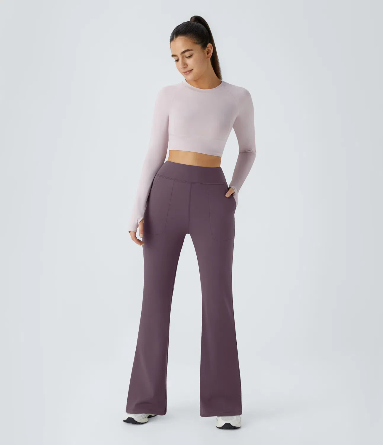 High Waisted Side Pocket Plain Flare Leggings