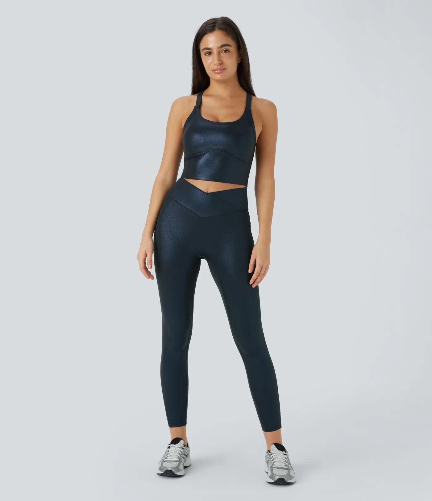 Softlyzero Faux Leather Crossover Pocket Foil Print Stretchy Casual 7/8 Leggings