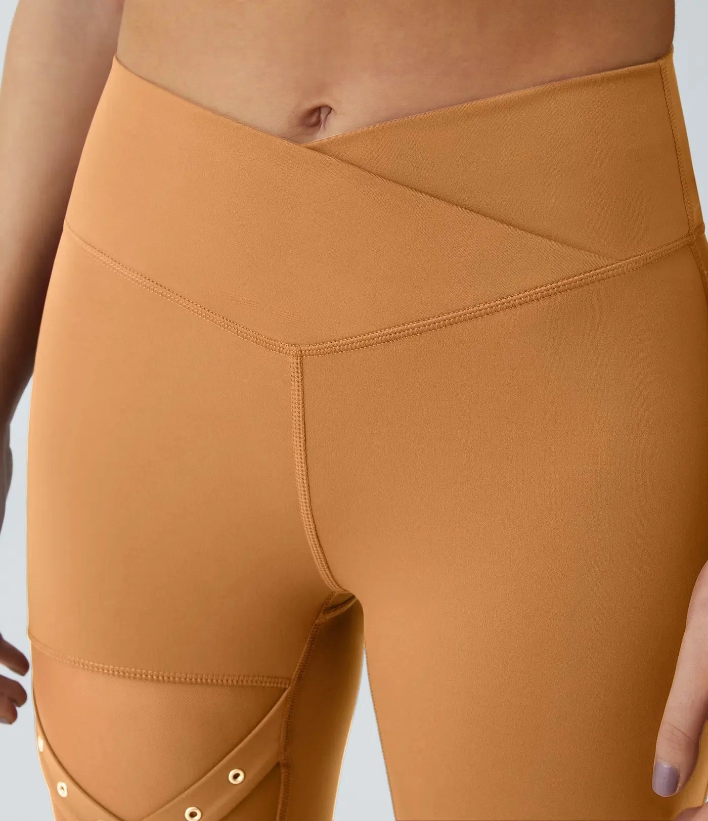 High Waisted Crossover Contrast Mesh Decorative Buckle Yoga Leggings - Lixoval