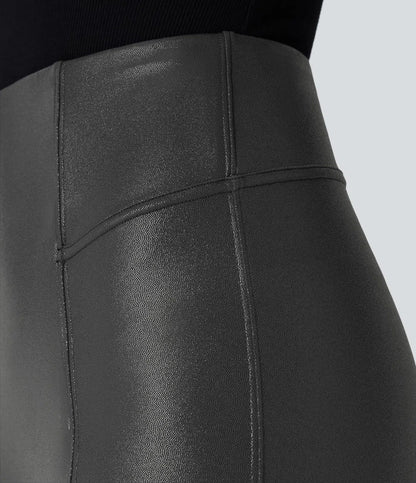 SoCinched High Waisted Tummy Control Faux Leather Foil Print Stretchy Party Leggings