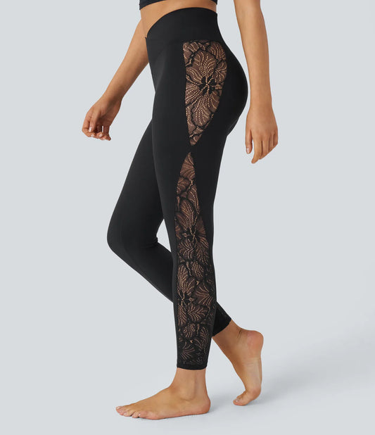 Softlyzero High Waisted Crossover Contrast Lace Yoga 7/8 Leggings-UPF50+