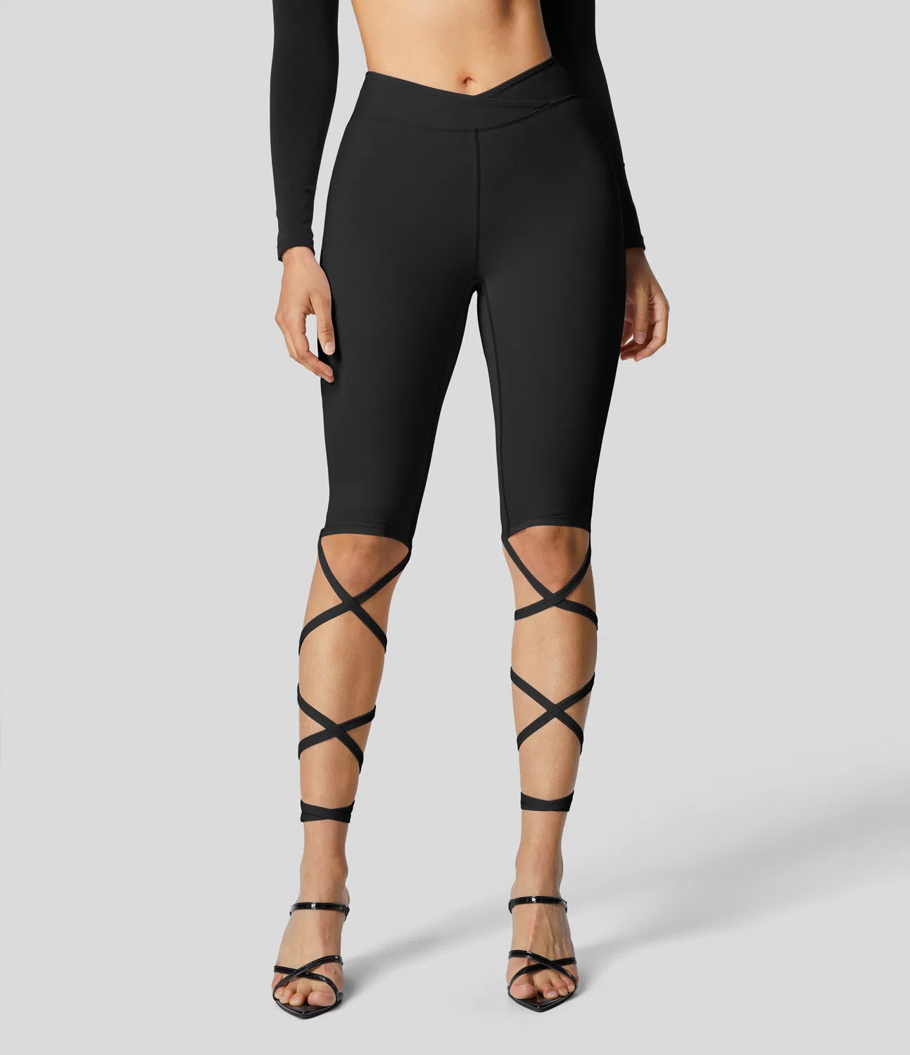 Softlyzero Airy V Shaped Crossover Mid Rise Crisscross Knot Cuff Cool Touch Casual Leggings-UPF50+