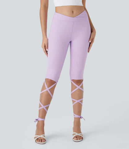 Softlyzero Airy V Shaped Crossover Mid Rise Crisscross Knot Cuff Cool Touch Casual Leggings-UPF50+