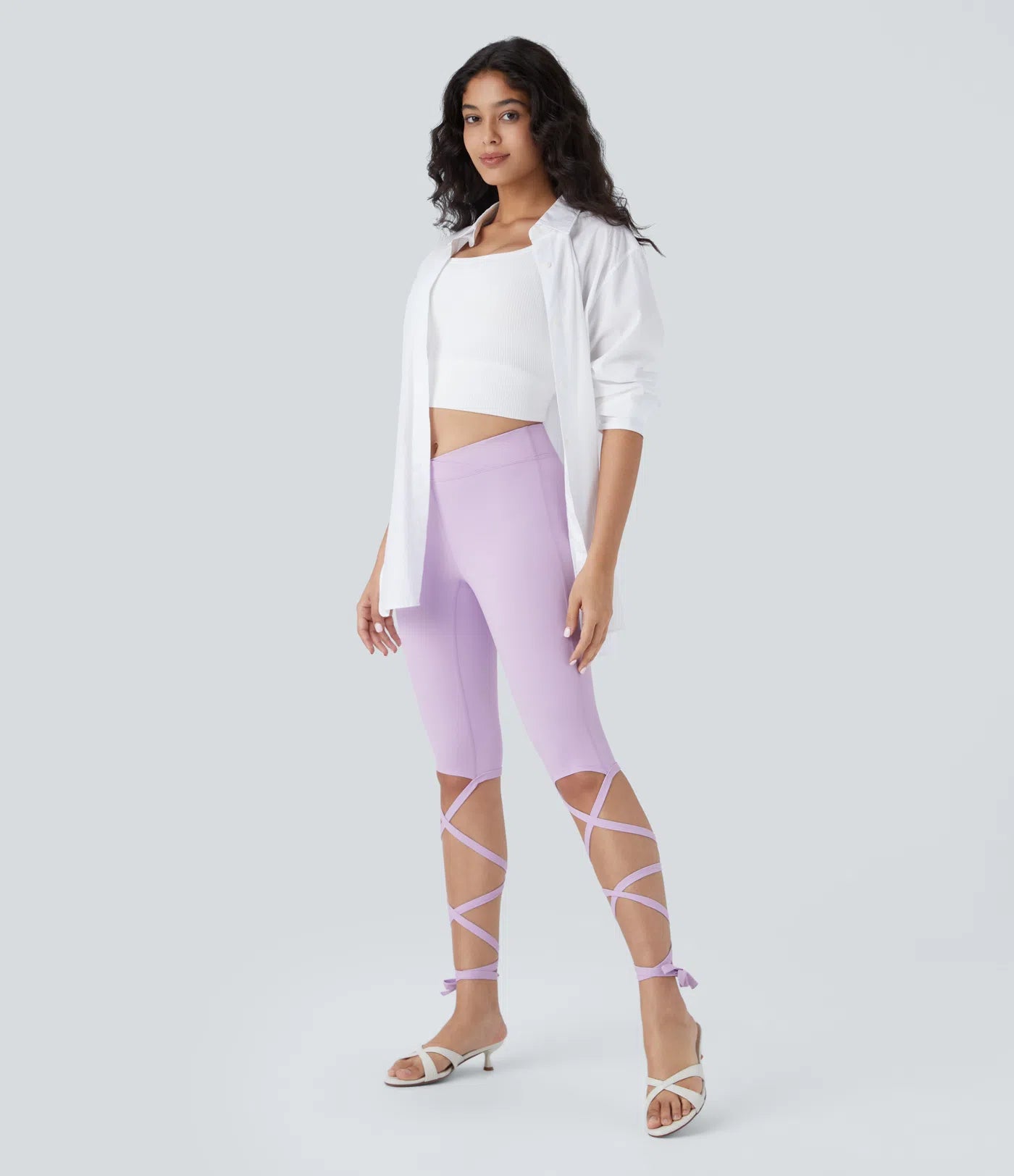 Softlyzero Airy V Shaped Crossover Mid Rise Crisscross Knot Cuff Cool Touch Casual Leggings-UPF50+