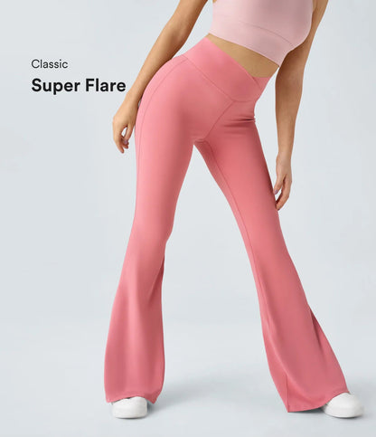 Crossover High Waisted Back Pocket Super Flare Leggings Candy Pink - Lixoval