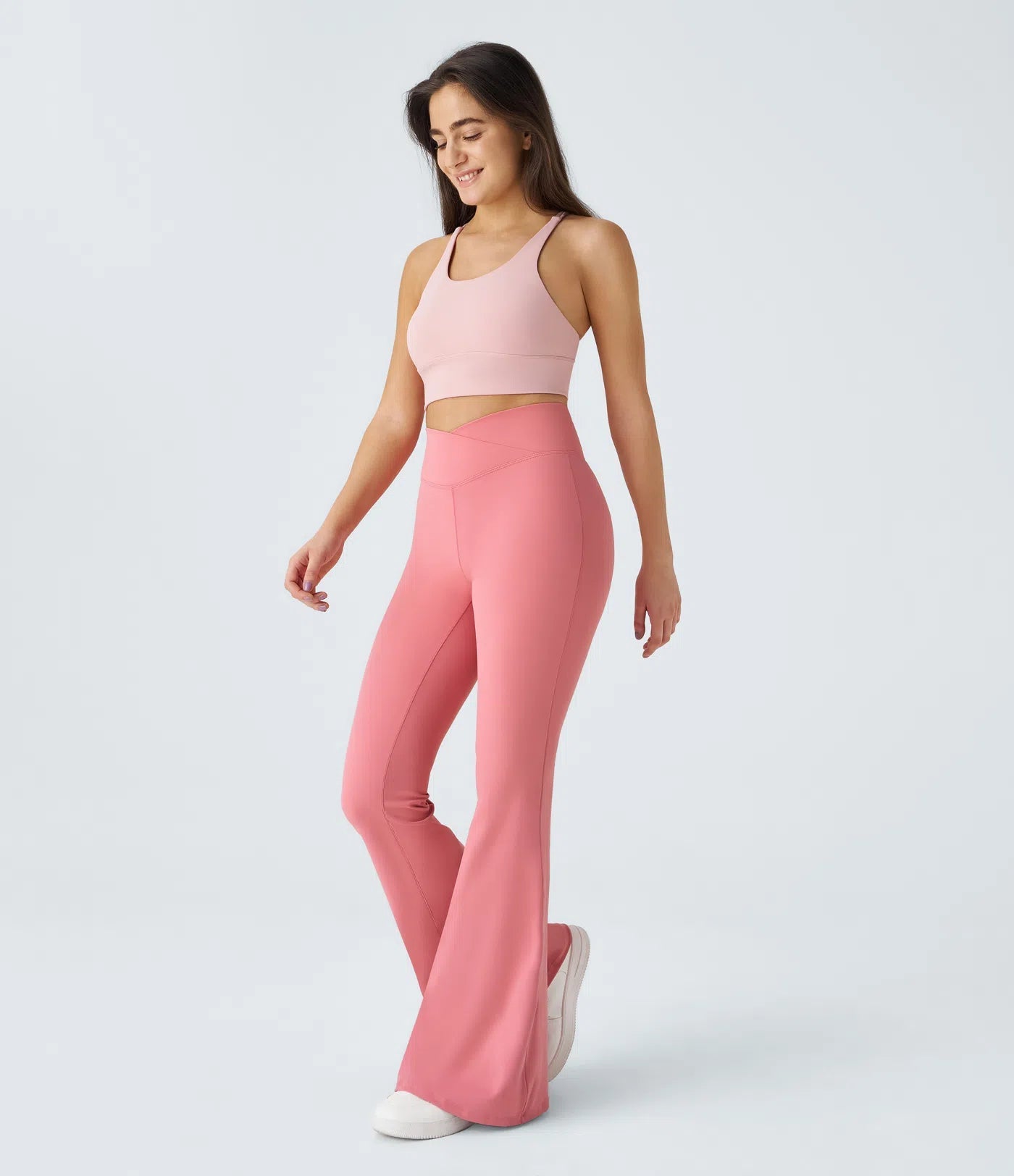 Crossover High Waisted Back Pocket Super Flare Leggings Candy Pink - Lixoval