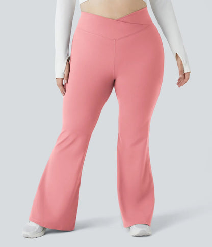 Crossover High Waisted Back Pocket Super Flare Leggings Candy Pink - Lixoval