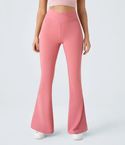 Crossover High Waisted Back Pocket Super Flare Leggings Candy Pink - Lixoval