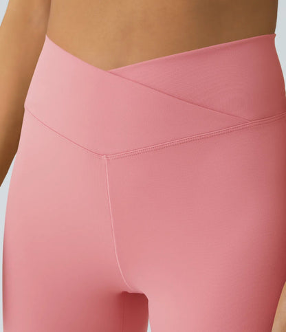 Crossover High Waisted Back Pocket Super Flare Leggings Candy Pink - Lixoval