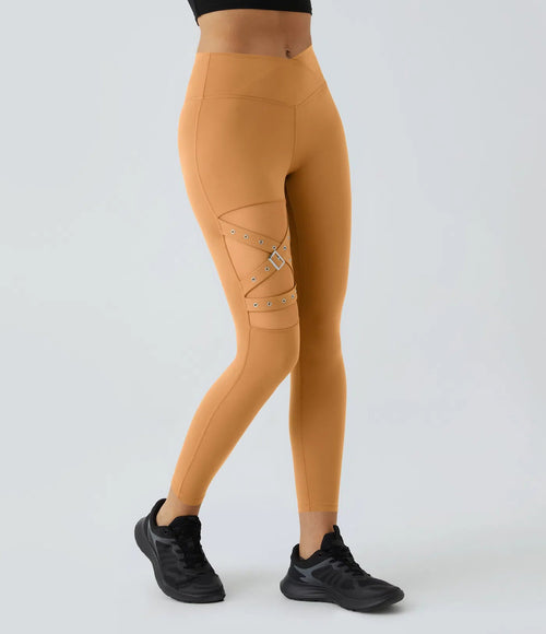 High Waisted Crossover Contrast Mesh Decorative Buckle Yoga Leggings - Lixoval