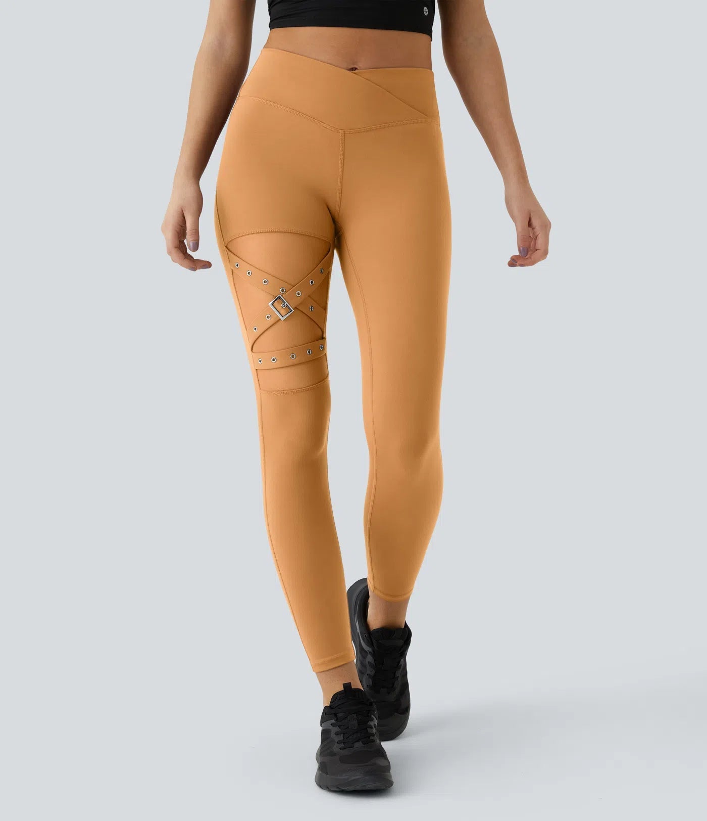 High Waisted Crossover Contrast Mesh Decorative Buckle Yoga Leggings - Lixoval