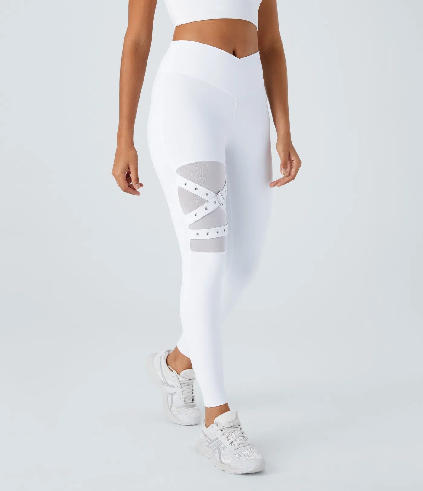 High Waisted Crossover Contrast Mesh Decorative Buckle Yoga Leggings - Lixoval