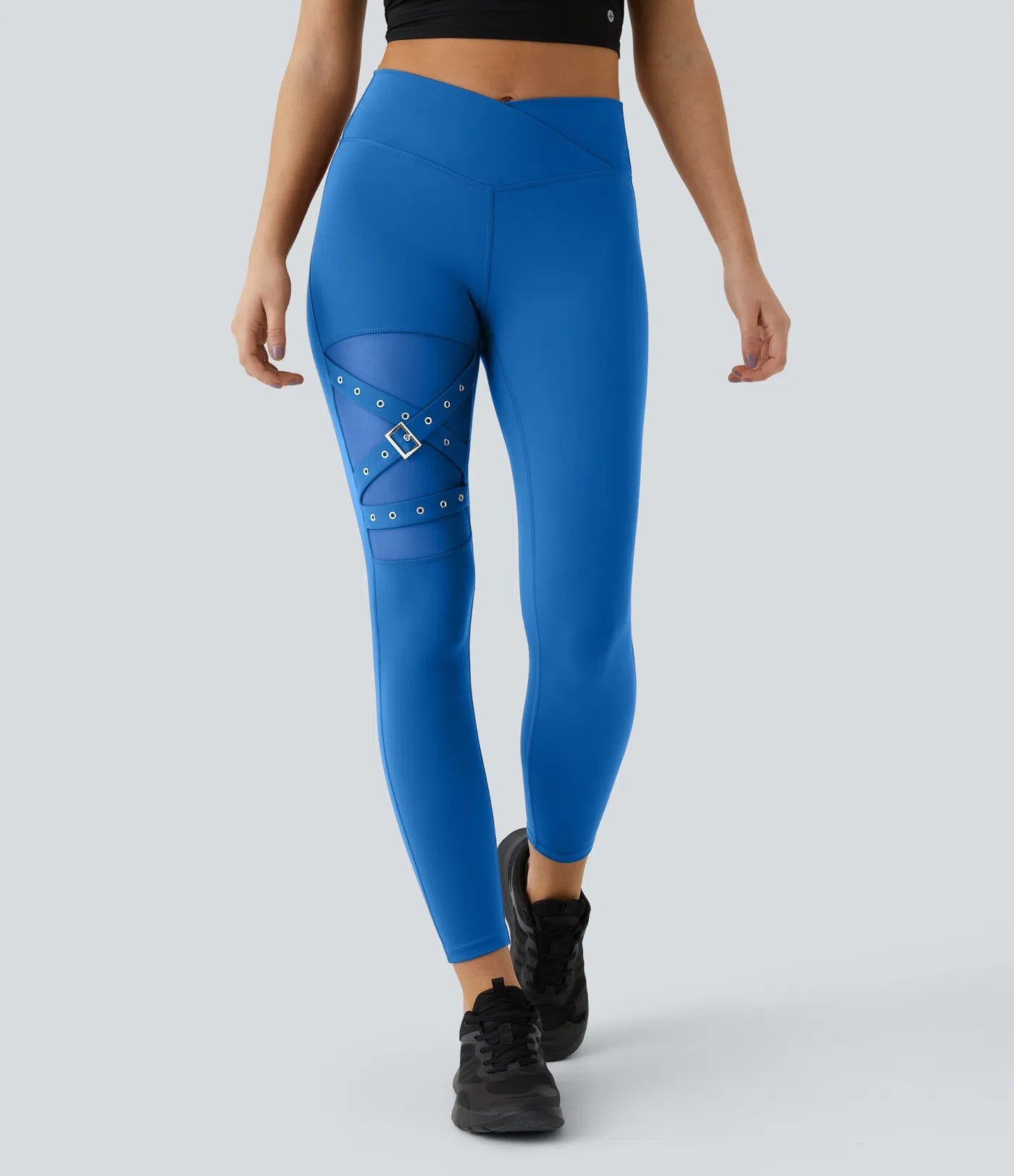 High Waisted Crossover Contrast Mesh Decorative Buckle Yoga Leggings - Lixoval