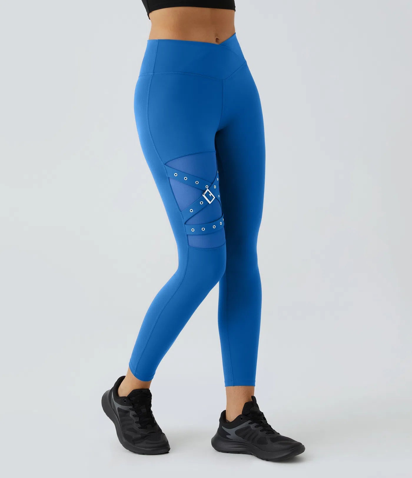 High Waisted Crossover Contrast Mesh Decorative Buckle Yoga Leggings - Lixoval