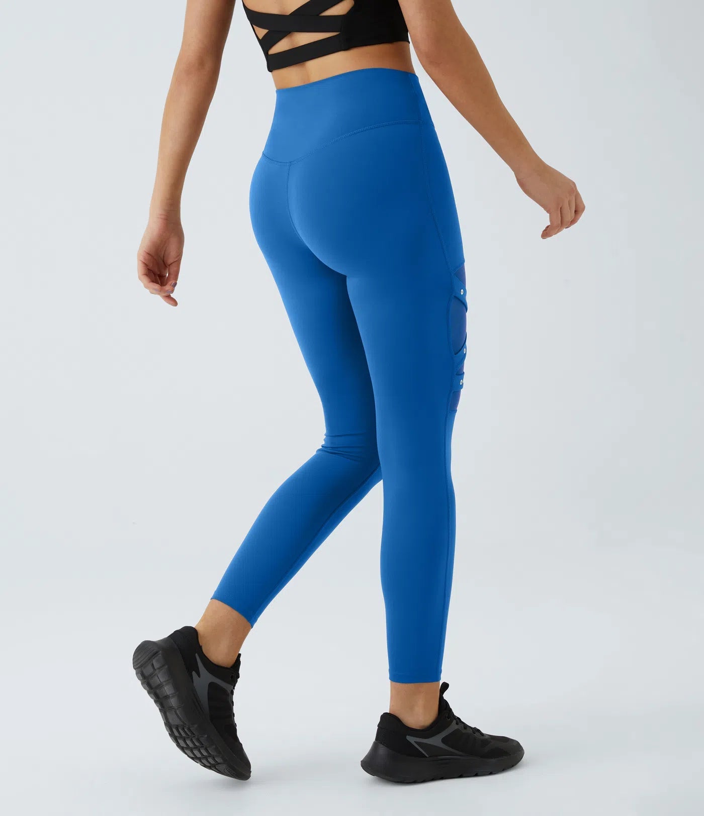 High Waisted Crossover Contrast Mesh Decorative Buckle Yoga Leggings - Lixoval