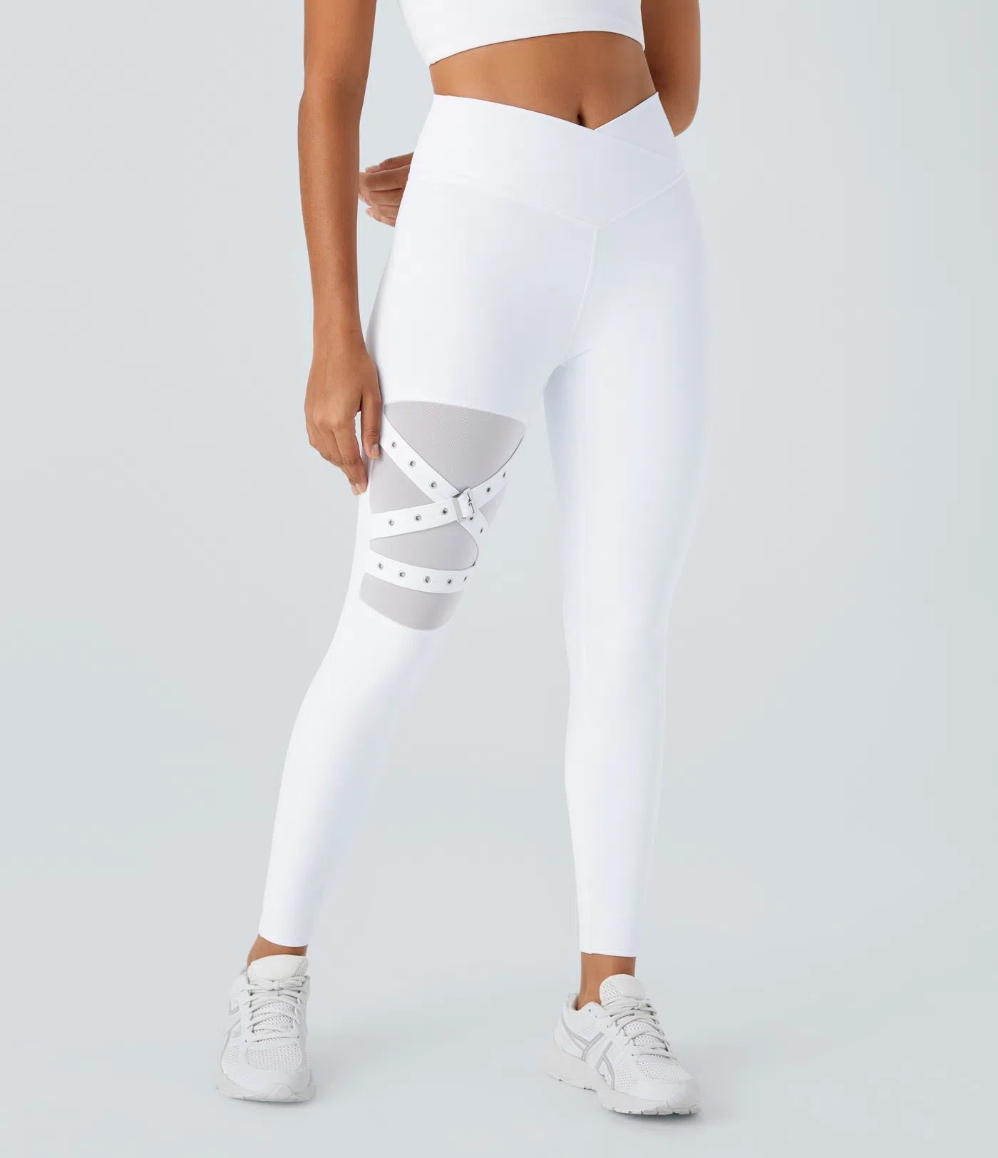 High Waisted Crossover Contrast Mesh Decorative Buckle Yoga Leggings - Lixoval