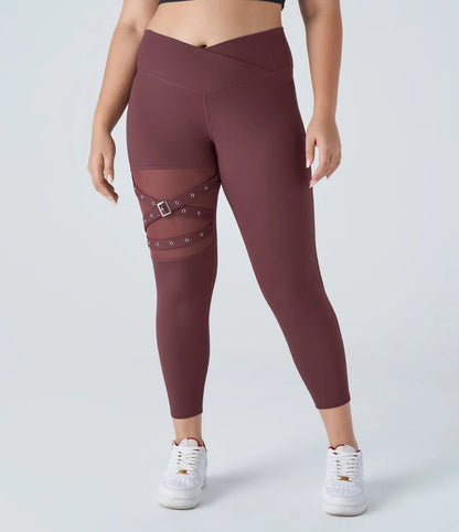 High Waisted Crossover Contrast Mesh Decorative Buckle Yoga Leggings - Lixoval