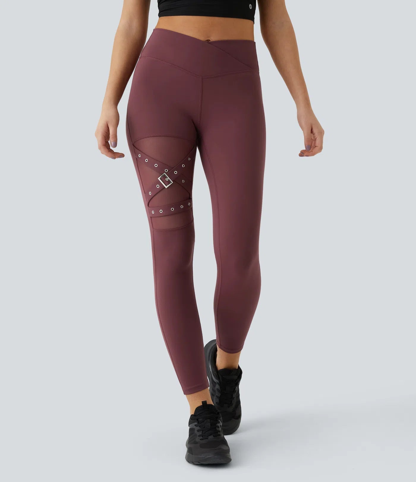 High Waisted Crossover Contrast Mesh Decorative Buckle Yoga Leggings - Lixoval