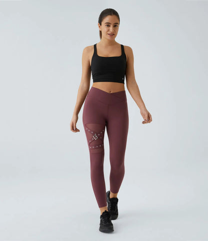 High Waisted Crossover Contrast Mesh Decorative Buckle Yoga Leggings - Lixoval