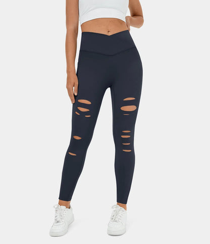 High Waisted Crossover Side Pocket Ripped Cut Out Casual 7/8 Leggings - Lixoval