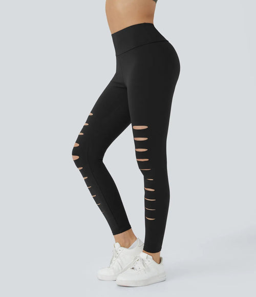 High Waisted Ripped Solid Casual Leggings - Lixoval