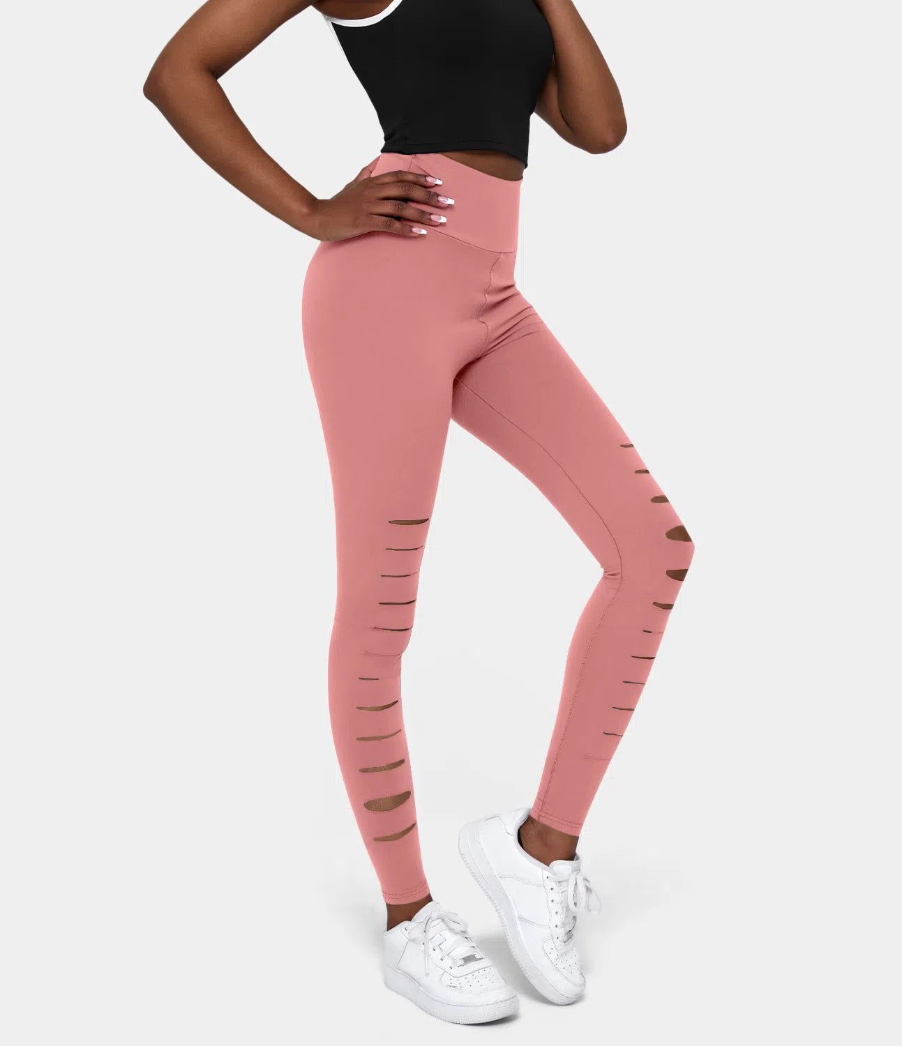 High Waisted Ripped Solid Casual Leggings - Lixoval