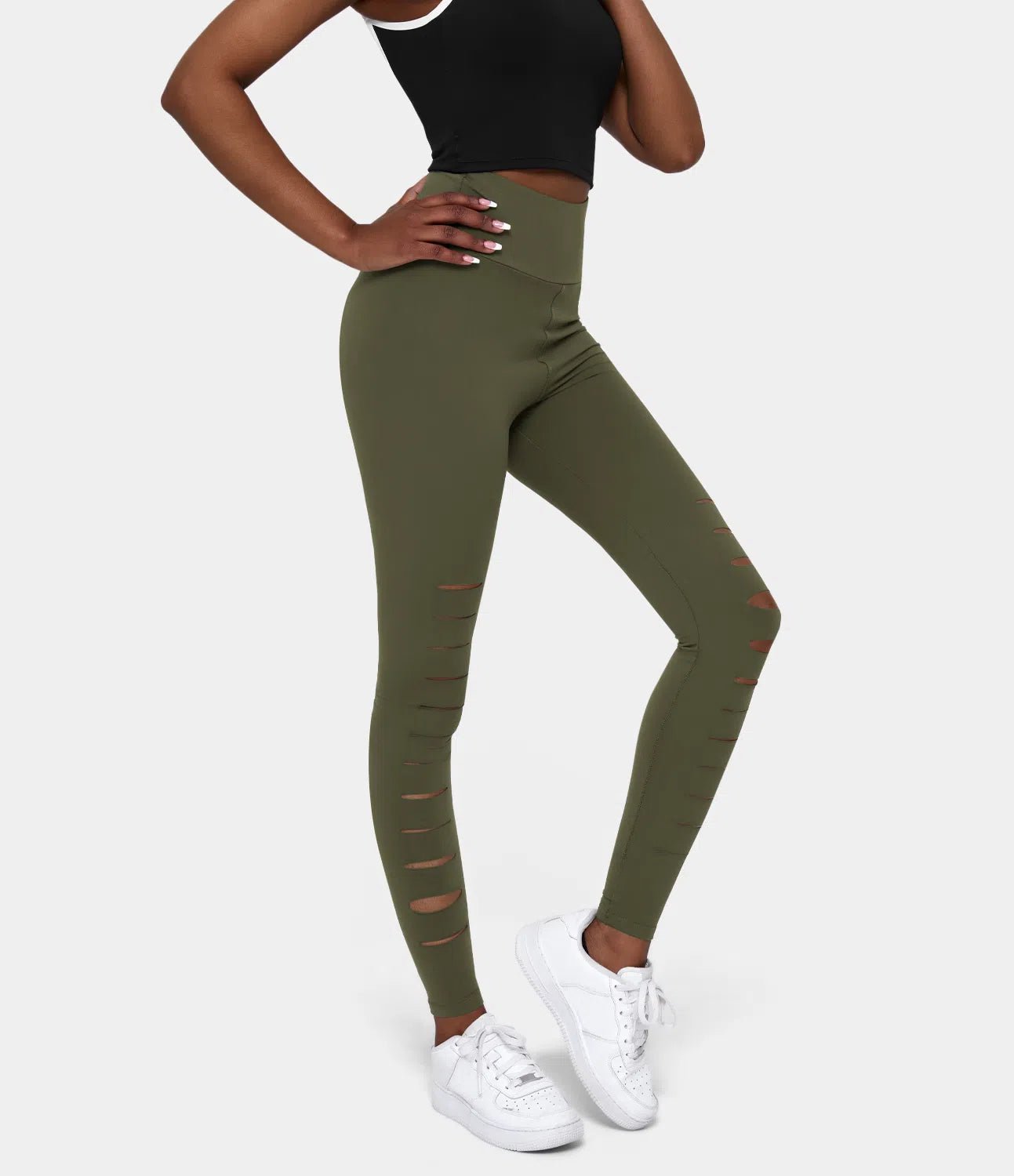 High Waisted Ripped Solid Casual Leggings - Lixoval