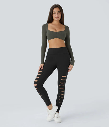 High Waisted Ripped Solid Casual Leggings - Lixoval